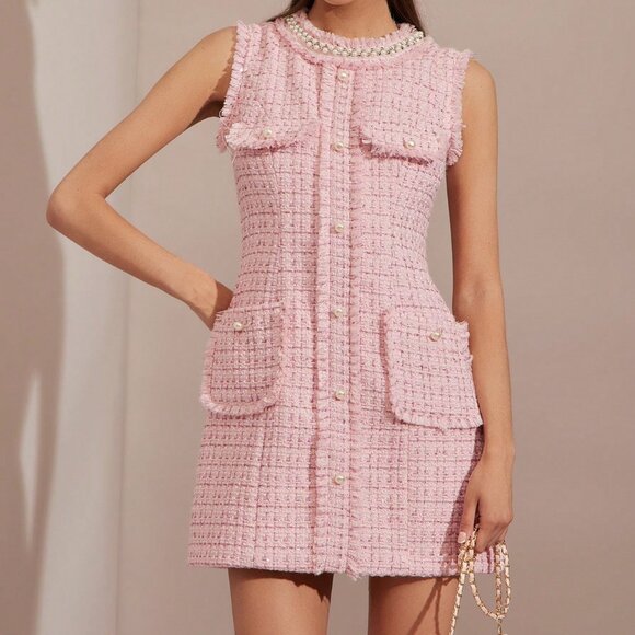 Pink Romantic Women's Sleeveless Plaid Dress with Faux Pearl Rhinestones - Picture 3 of 7